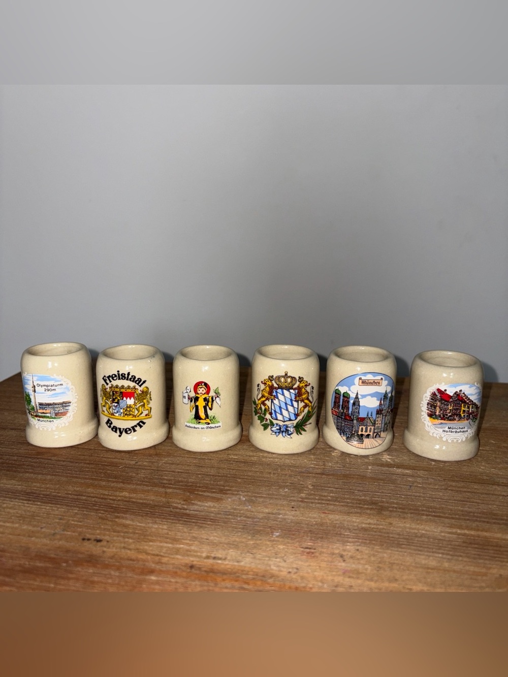 Vintage Miniature 2.5”  German Beer Steins Have Names Of Town W Crest Set Of 6